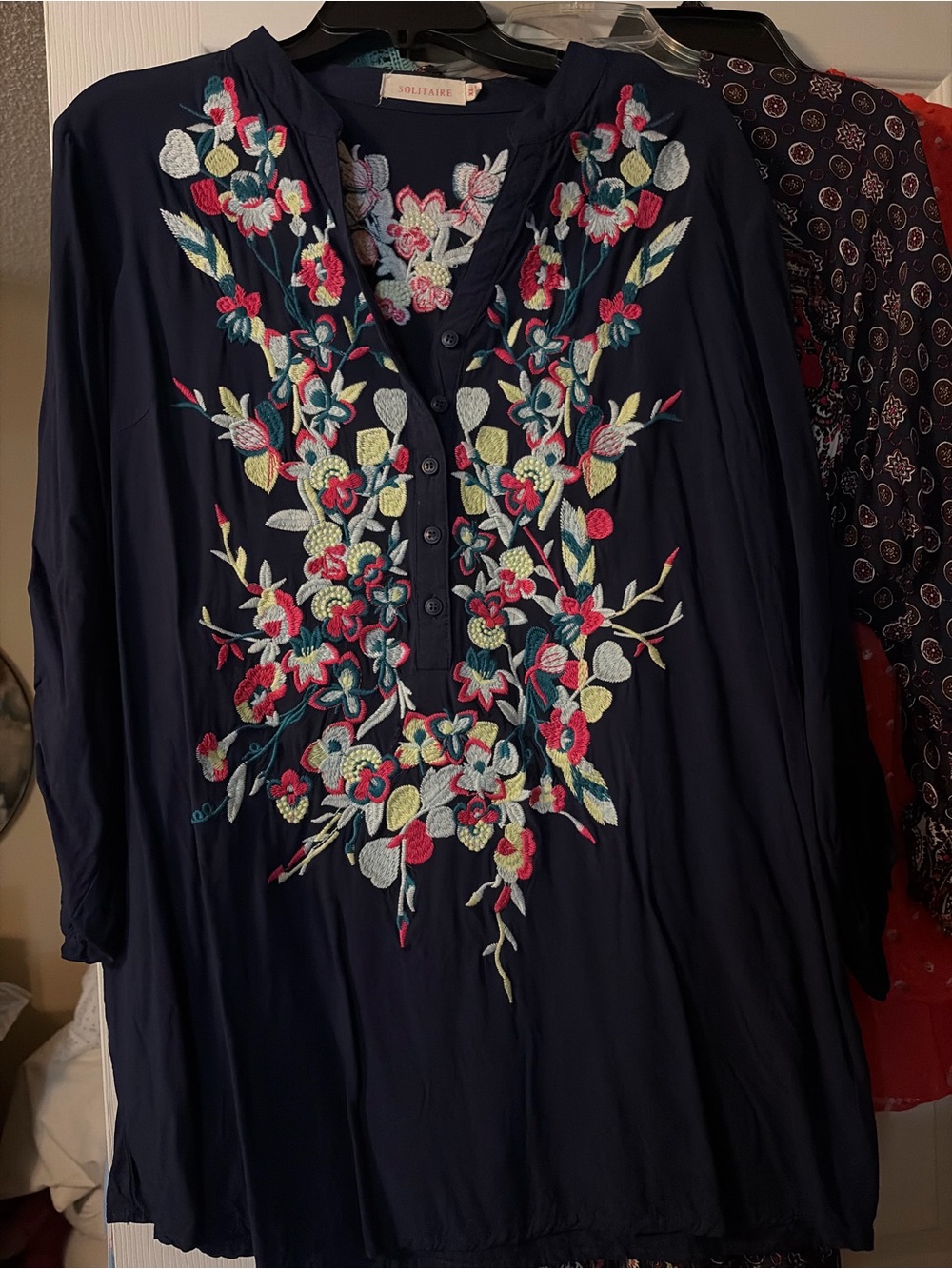Solitaire Navy and pink Floral Embroidered V-Neck Tunics